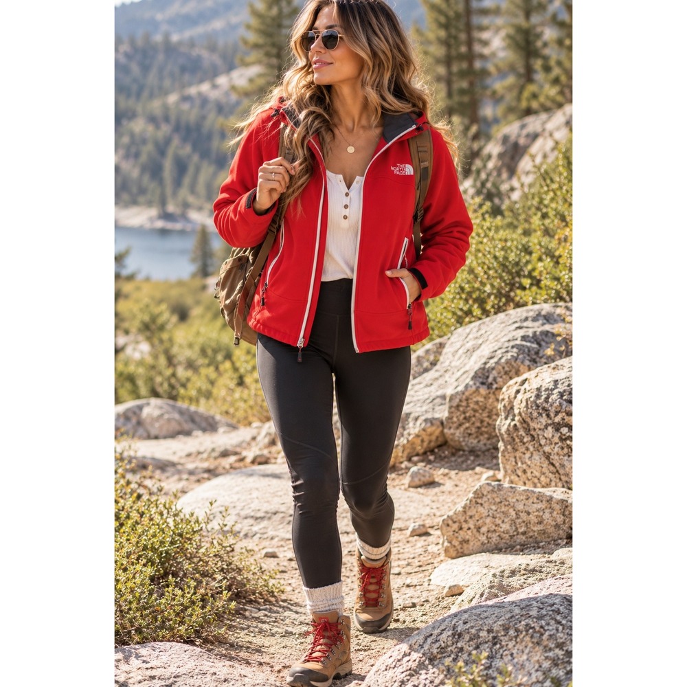 The North Face Summit Series Red Softshell Fleece Hooded Jacket Womens Medium